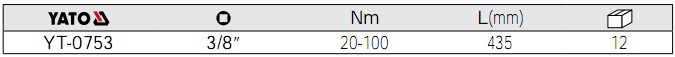 YATO工具:扭力扳手YT-0753,3/8英寸方頭,扭力輸出20-100Nm,長435mm.
